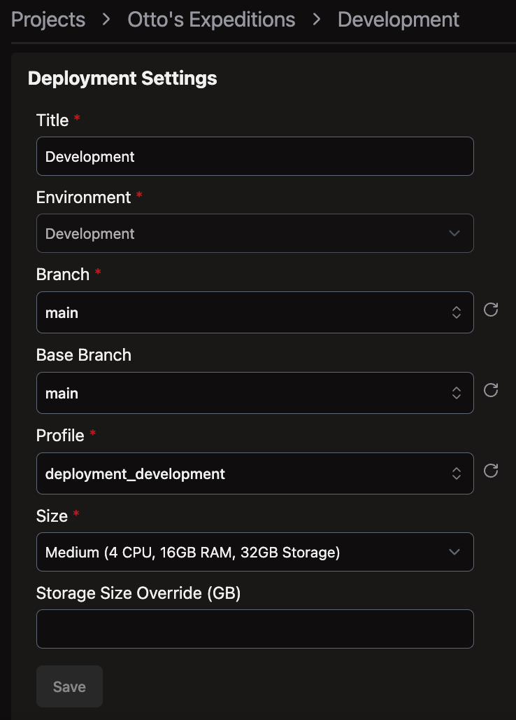 Development Deployment configuration