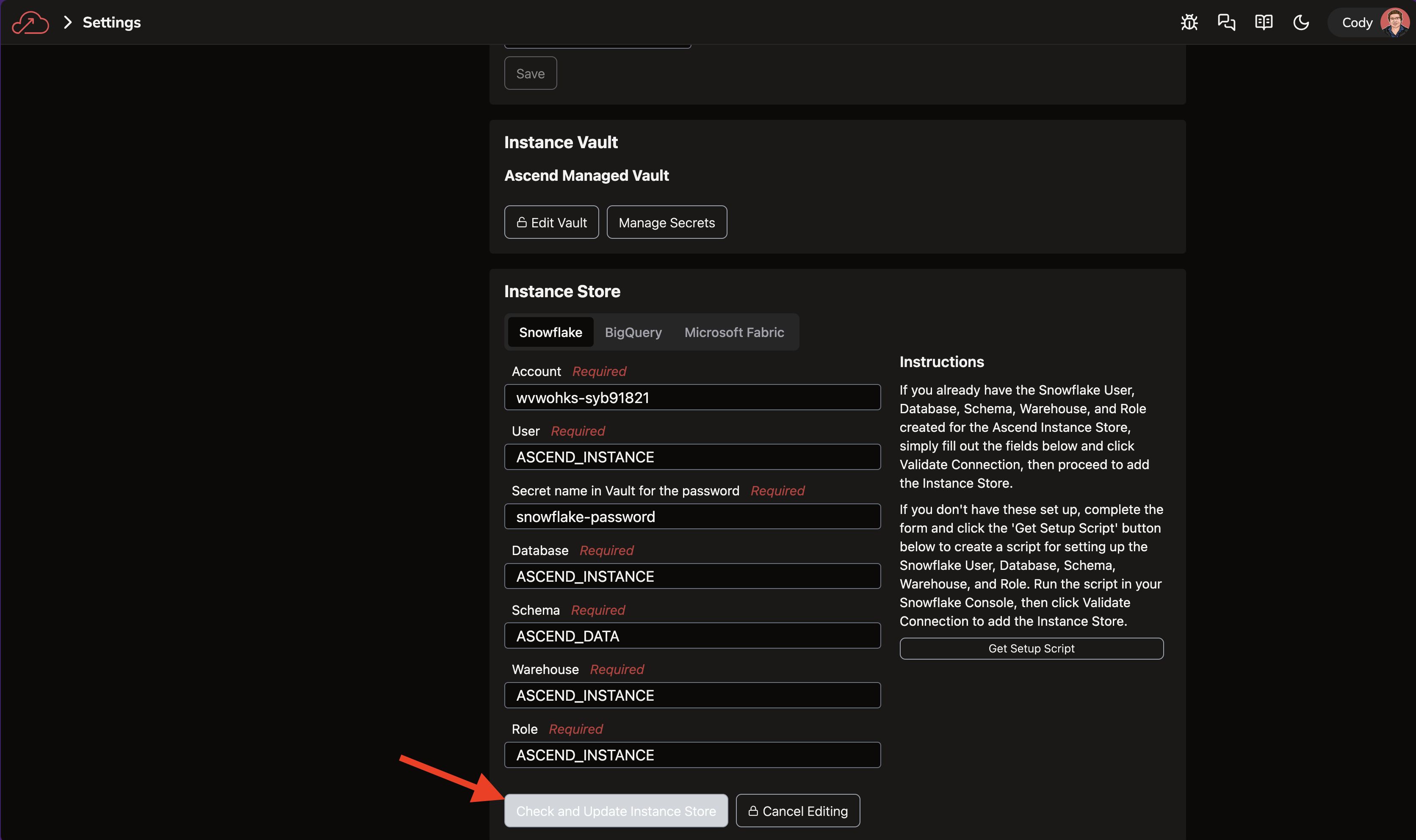 Snowflake check and update instance