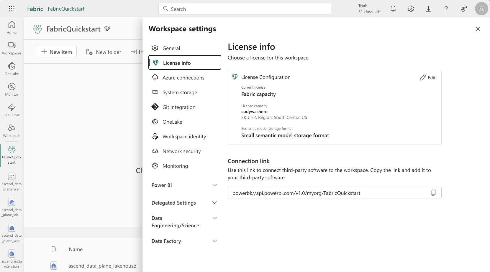 Click Fabric Workspace settings